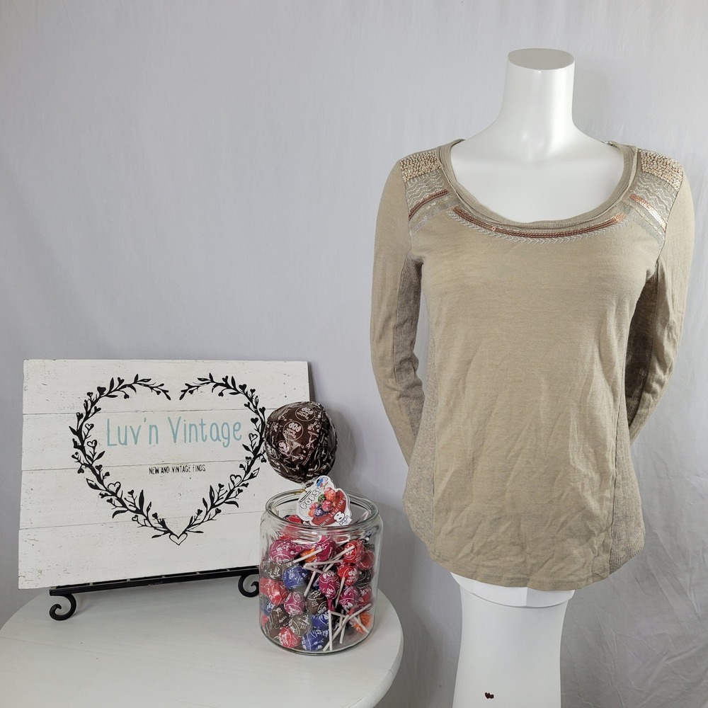Miss Me Tan Long Sleeve Scoop Neck Top Sequin Embroider Crochet Lace Back Detail